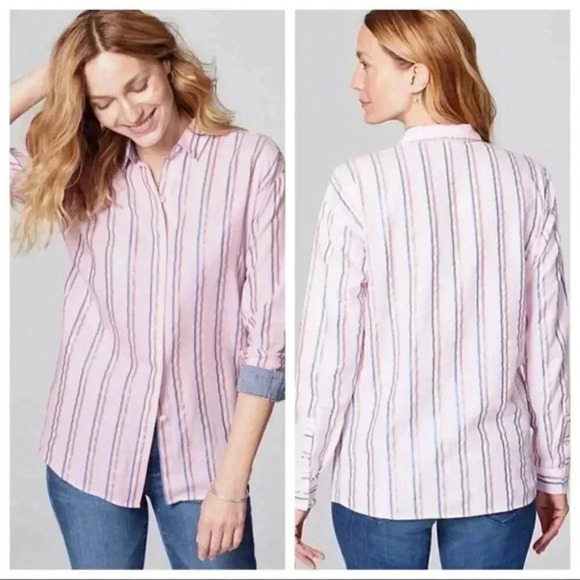J. Jill Pink Metallic Striped Everyday Button Front Shirt XS - Picture 1 of 7